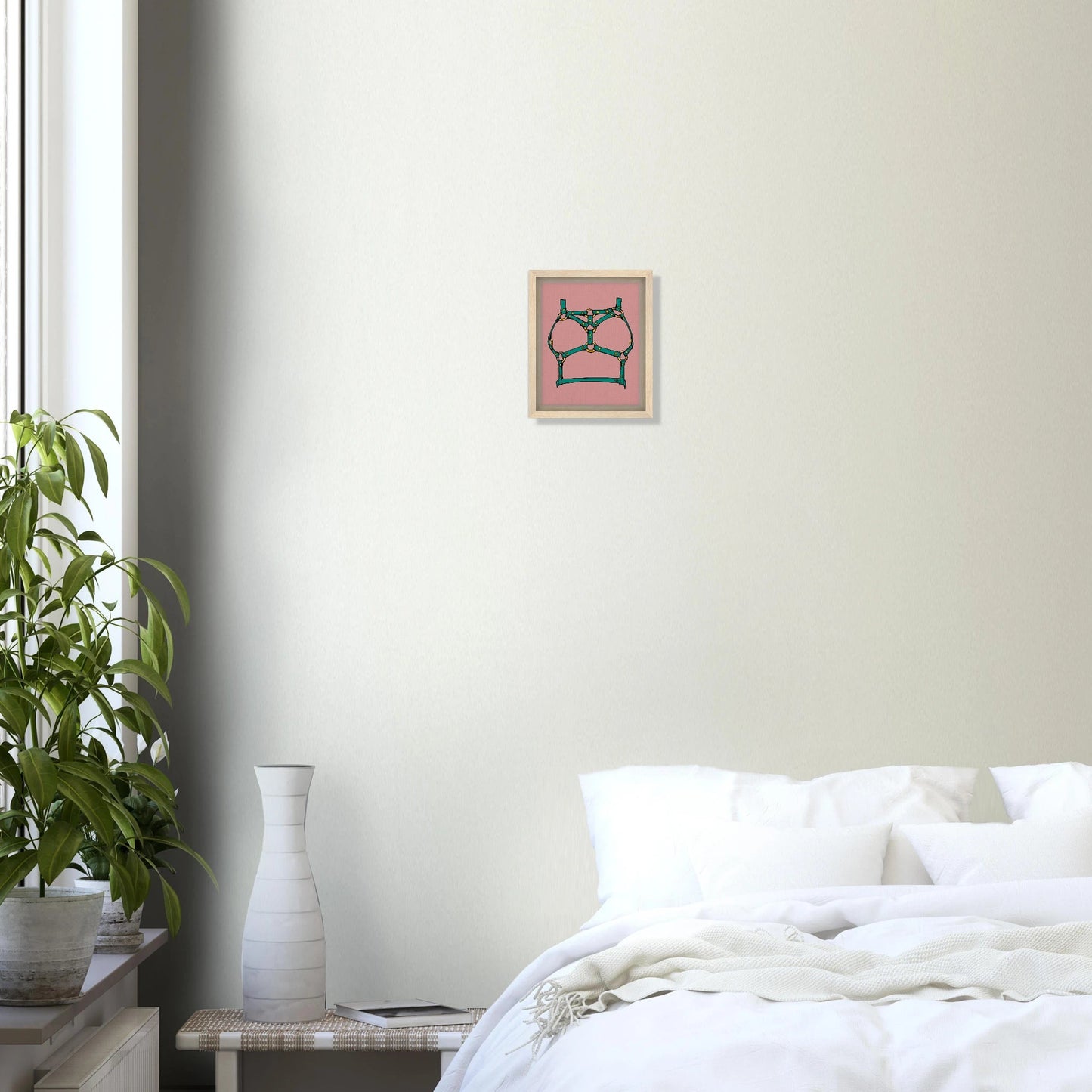 Sultry Teal Harness Straps & Golden Rings – Erotic Bondage Illustration Framed Canvas - Urban Muse & Sultry Hues