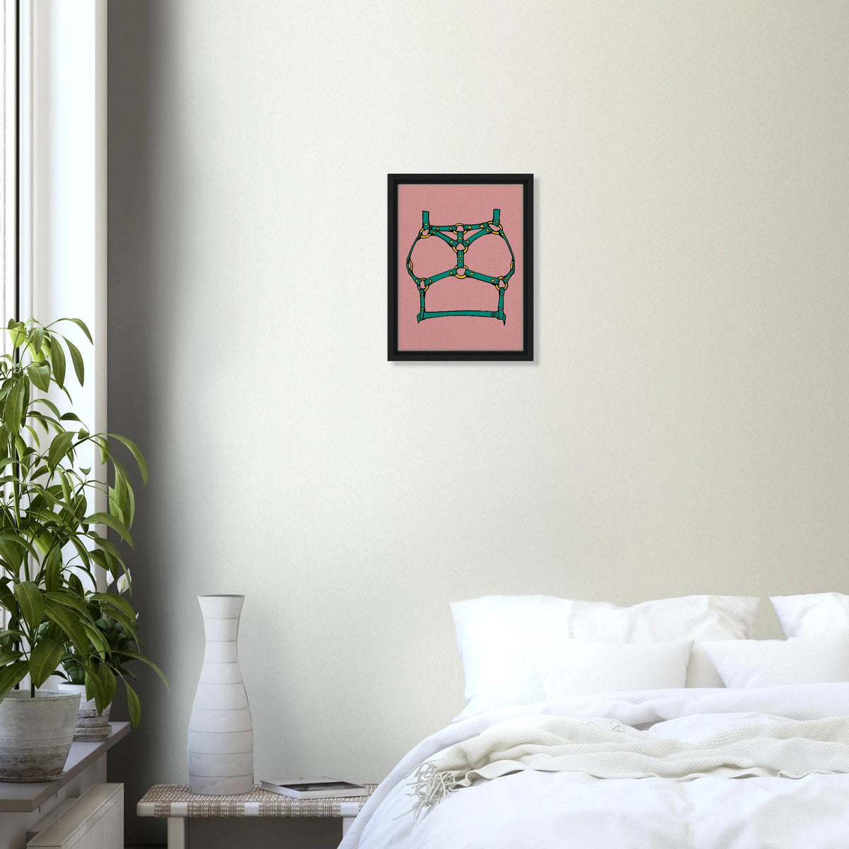 Sultry Teal Harness Straps & Golden Rings – Erotic Bondage Illustration Framed Canvas - Urban Muse & Sultry Hues