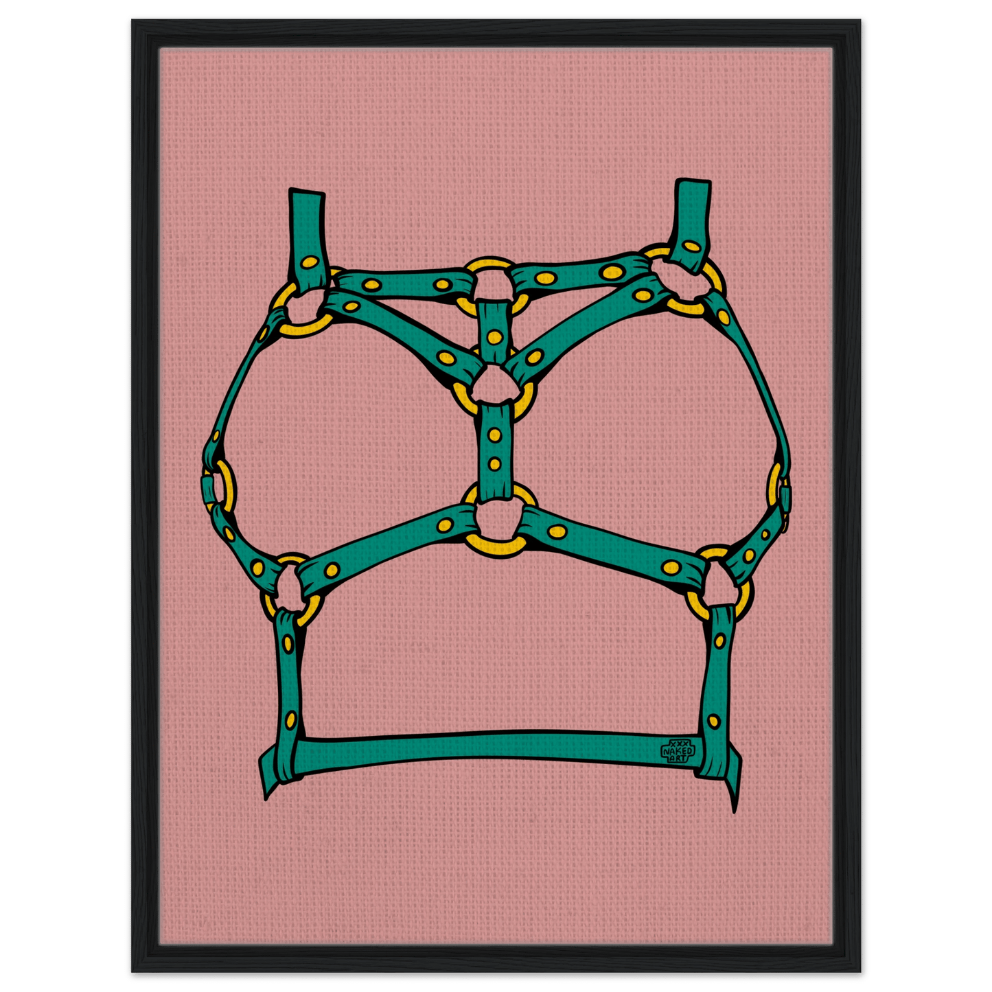 Sultry Teal Harness Straps & Golden Rings – Erotic Bondage Illustration Framed Canvas - Urban Muse & Sultry Hues