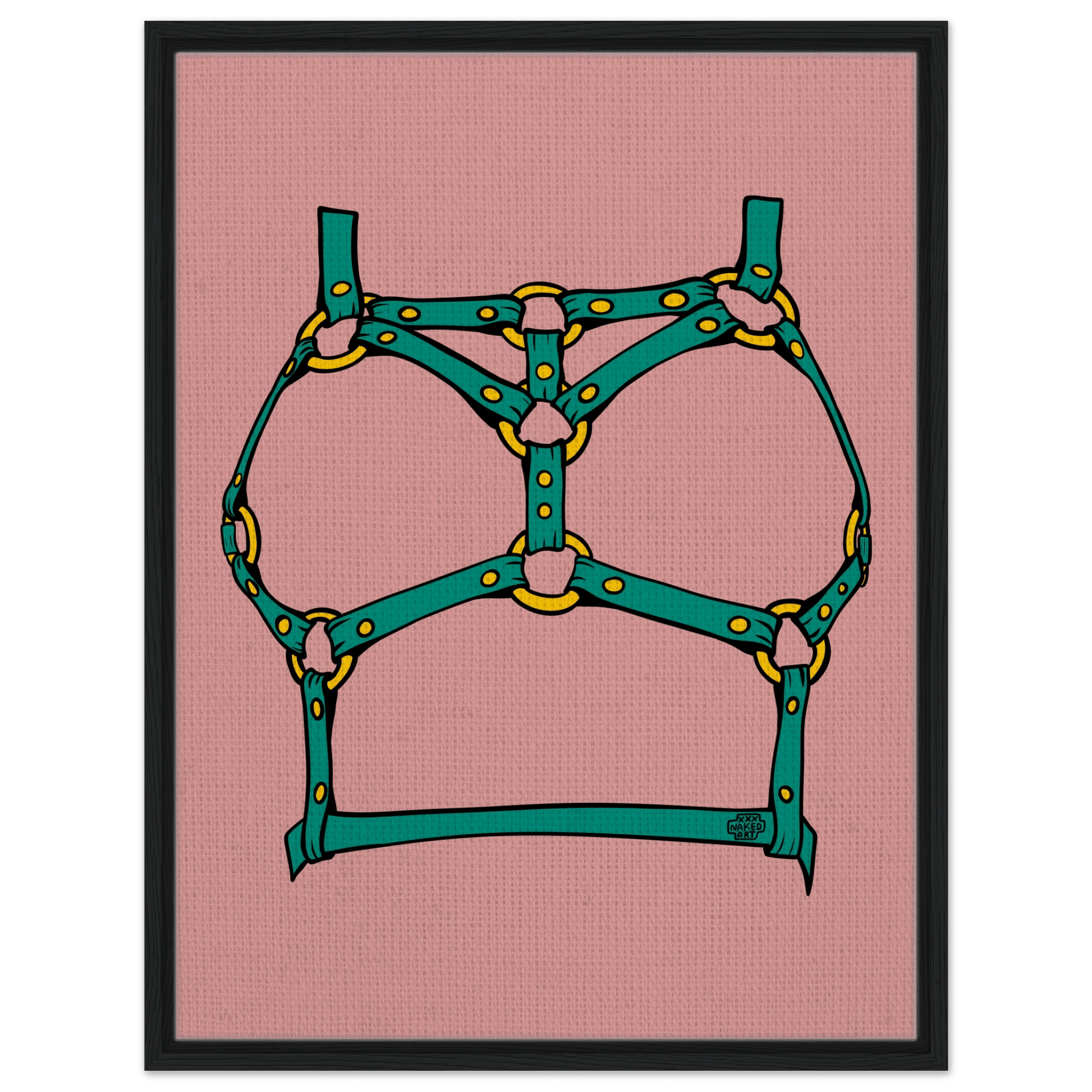 Sultry Teal Harness Straps & Golden Rings – Erotic Bondage Illustration Framed Canvas - Urban Muse & Sultry Hues