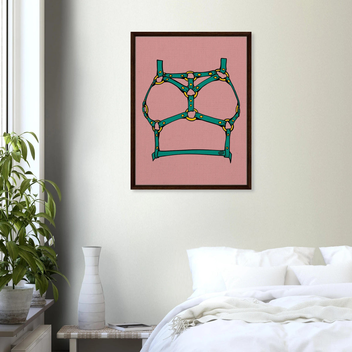 Sultry Teal Harness Straps & Golden Rings – Erotic Bondage Illustration Framed Canvas - Urban Muse & Sultry Hues
