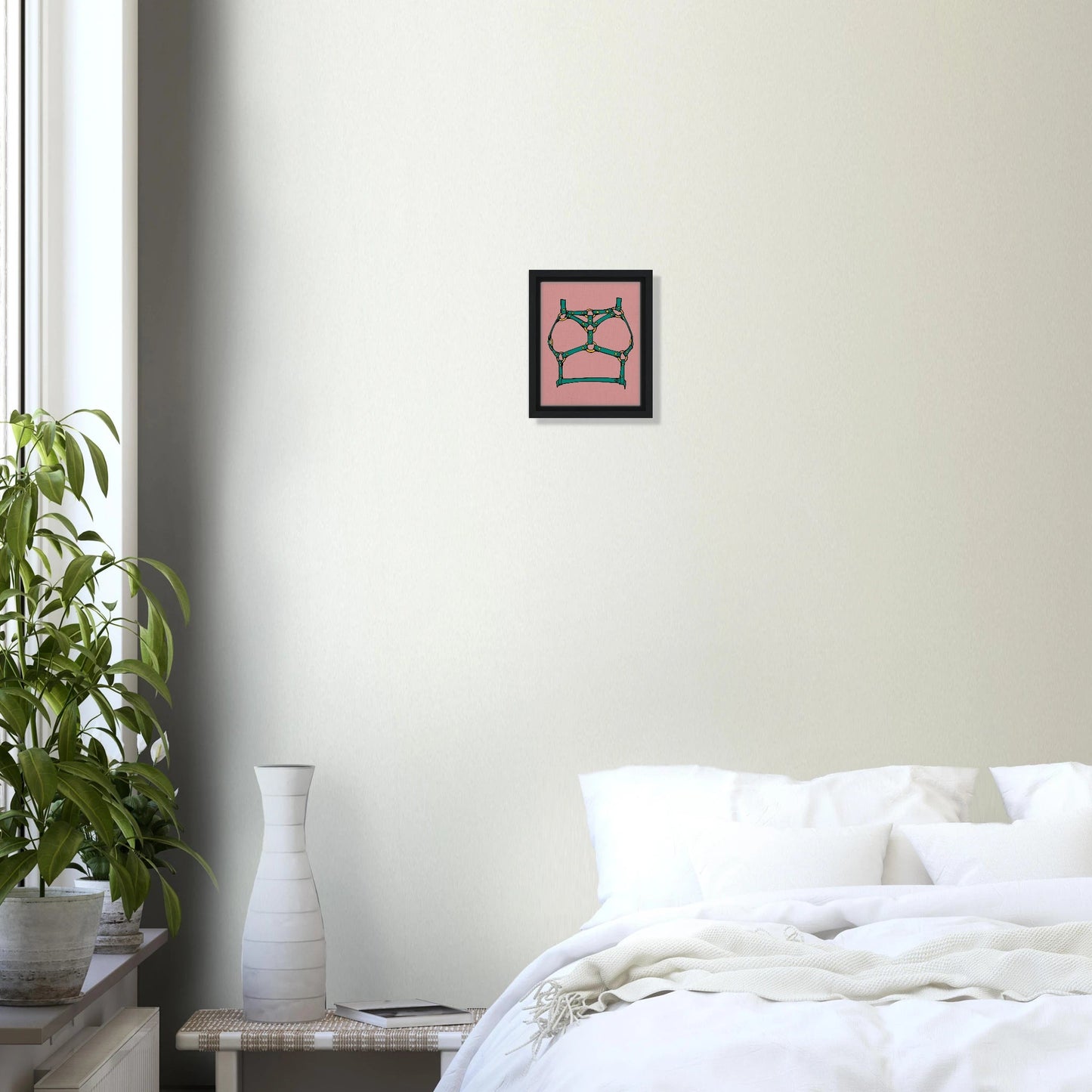 Sultry Teal Harness Straps & Golden Rings – Erotic Bondage Illustration Framed Canvas - Urban Muse & Sultry Hues