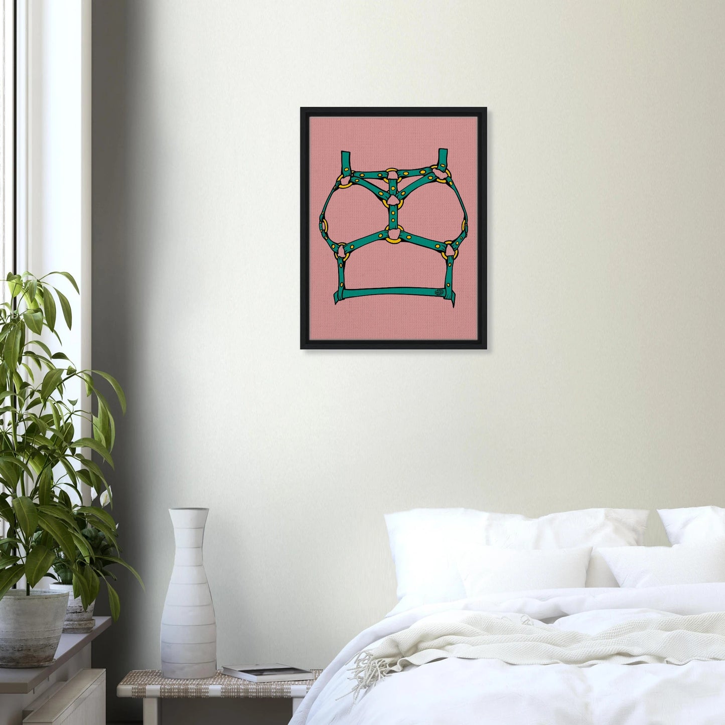 Sultry Teal Harness Straps & Golden Rings – Erotic Bondage Illustration Framed Canvas - Urban Muse & Sultry Hues