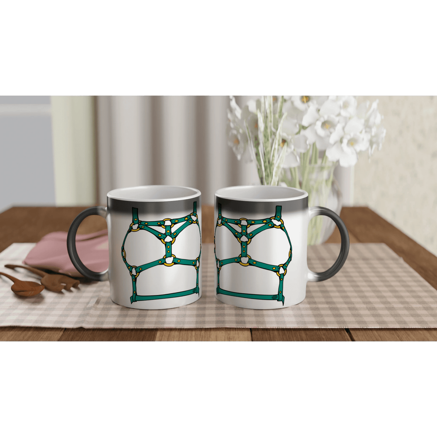 Sultry Teal Harness Straps & Golden Rings – Erotic Bondage Illustration Magic 11oz Ceramic Mug - Urban Muse & Sultry Hues