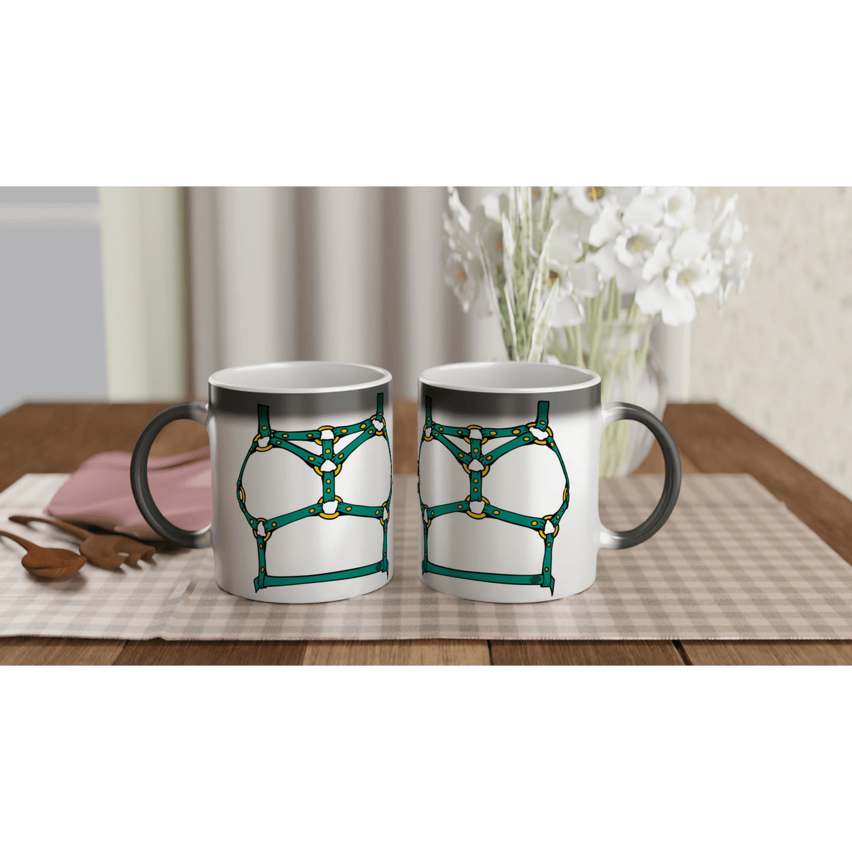 Sultry Teal Harness Straps & Golden Rings – Erotic Bondage Illustration Magic 11oz Ceramic Mug - Urban Muse & Sultry Hues