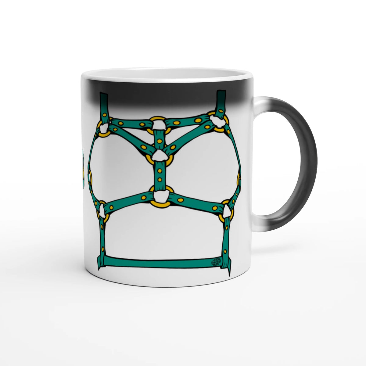 Sultry Teal Harness Straps & Golden Rings – Erotic Bondage Illustration Magic 11oz Ceramic Mug - Urban Muse & Sultry Hues
