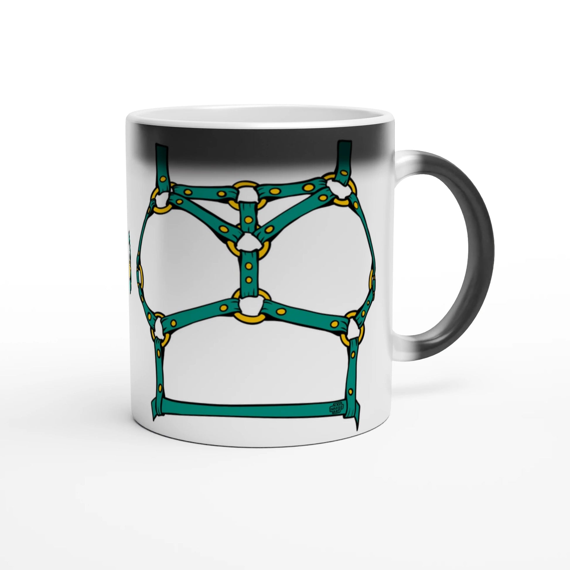 Sultry Teal Harness Straps & Golden Rings – Erotic Bondage Illustration Magic 11oz Ceramic Mug - Urban Muse & Sultry Hues