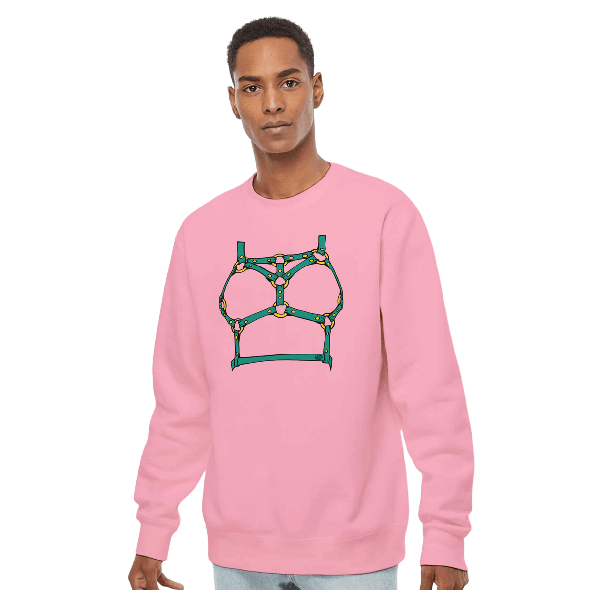 Sultry Teal Harness Straps & Golden Rings – Erotic Bondage Illustration Premium Unisex Crewneck Sweatshirt - Urban Muse & Sultry Hues