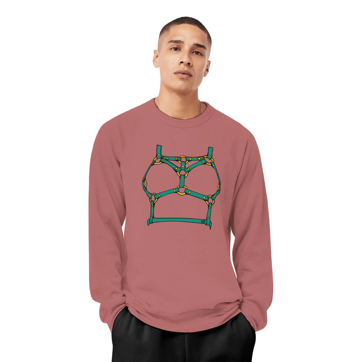 Sultry Teal Harness Straps & Golden Rings – Erotic Bondage Illustration Premium Unisex Crewneck Sweatshirt - Urban Muse & Sultry Hues
