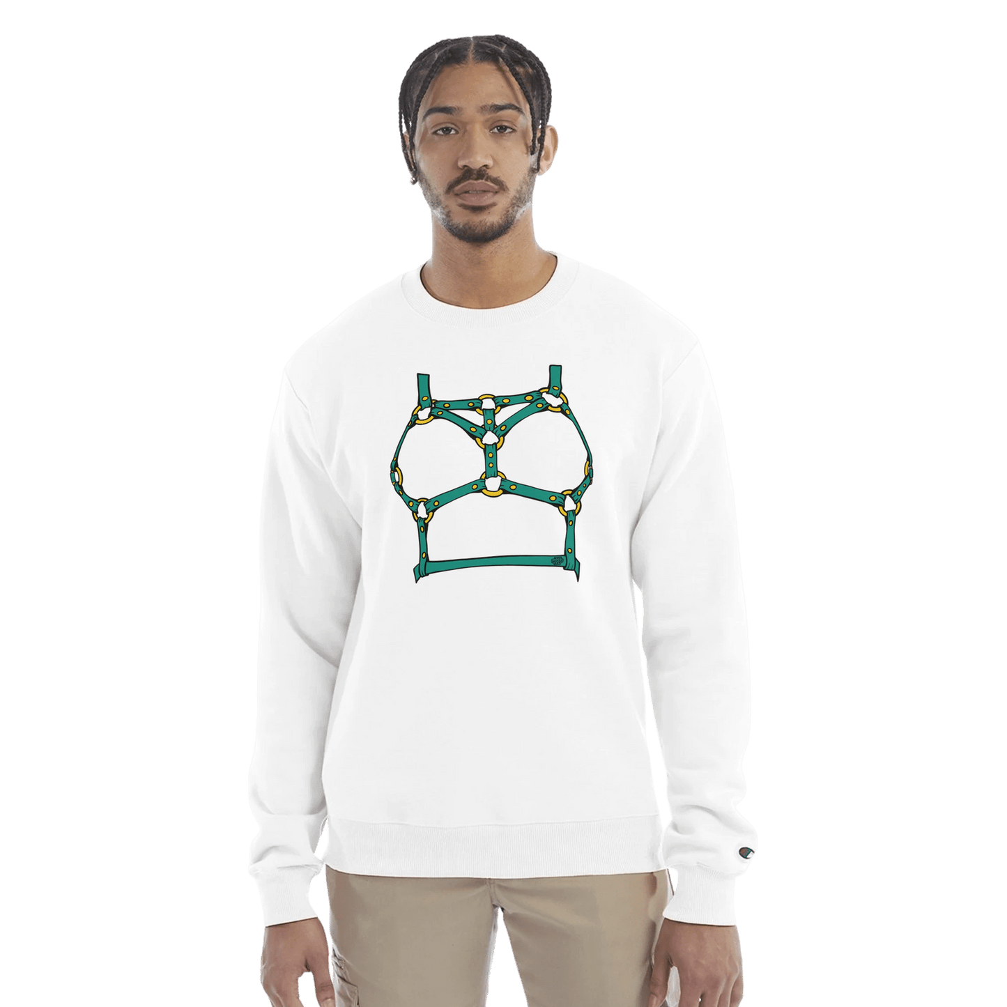 Sultry Teal Harness Straps & Golden Rings – Erotic Bondage Illustration Premium Unisex Crewneck Sweatshirt - Urban Muse & Sultry Hues