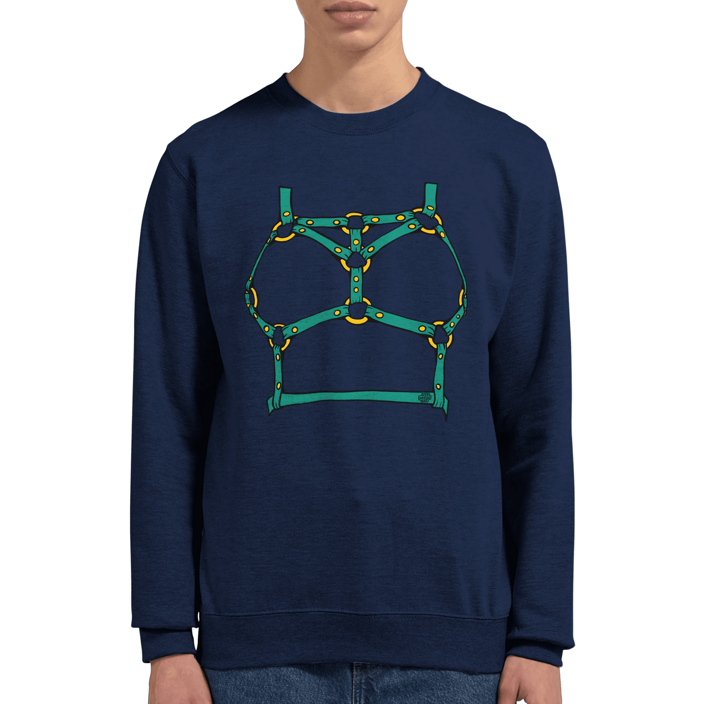 Sultry Teal Harness Straps & Golden Rings – Erotic Bondage Illustration Premium Unisex Crewneck Sweatshirt - Urban Muse & Sultry Hues