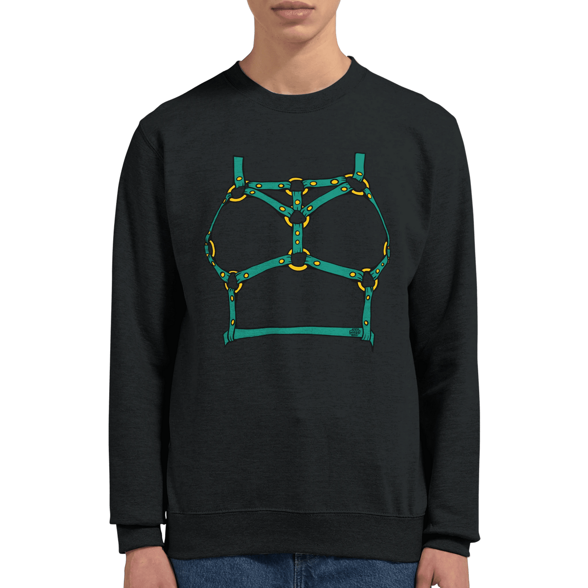 Sultry Teal Harness Straps & Golden Rings – Erotic Bondage Illustration Premium Unisex Crewneck Sweatshirt - Urban Muse & Sultry Hues