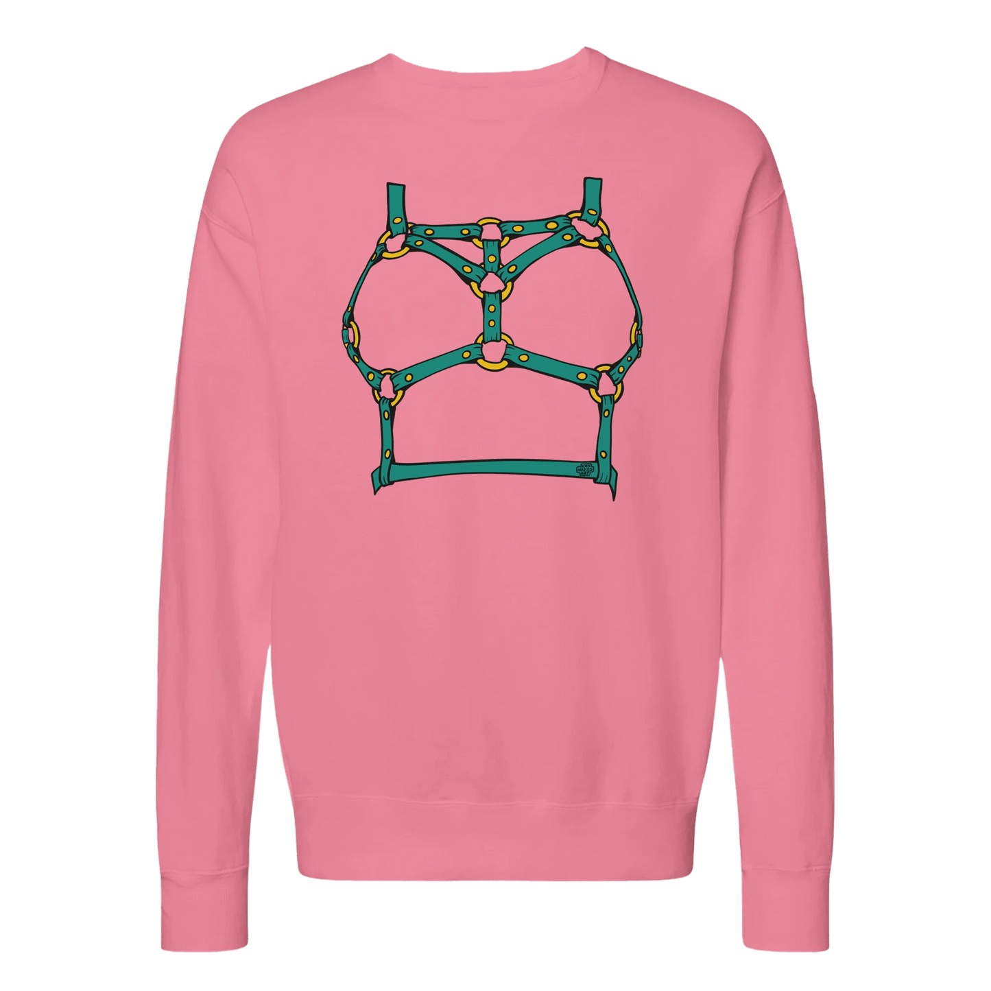 Sultry Teal Harness Straps & Golden Rings – Erotic Bondage Illustration Premium Unisex Crewneck Sweatshirt - Urban Muse & Sultry Hues
