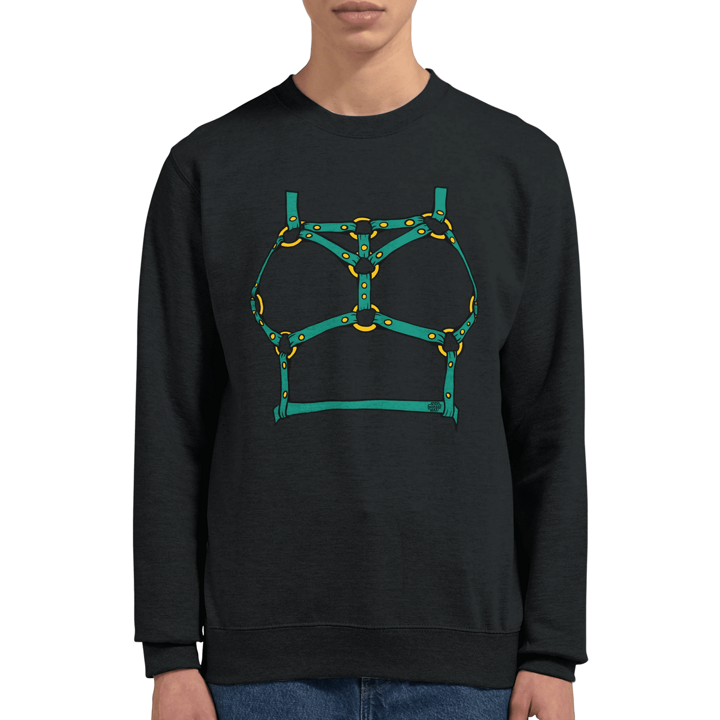 Sultry Teal Harness Straps & Golden Rings – Erotic Bondage Illustration Premium Unisex Crewneck Sweatshirt - Urban Muse & Sultry Hues
