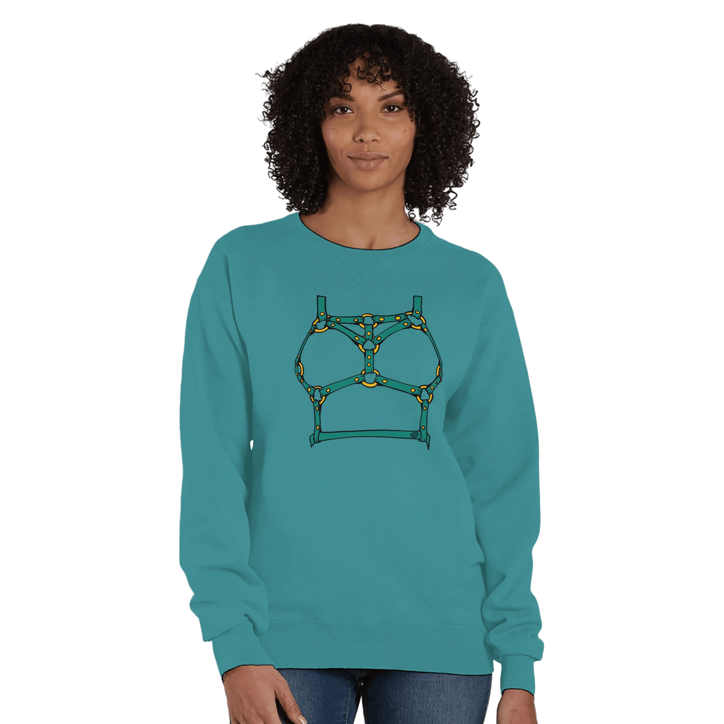 Sultry Teal Harness Straps & Golden Rings – Erotic Bondage Illustration Premium Unisex Crewneck Sweatshirt - Urban Muse & Sultry Hues