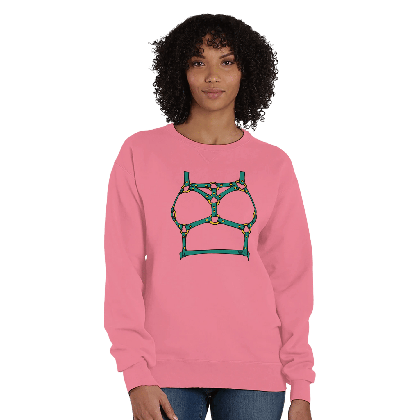 Sultry Teal Harness Straps & Golden Rings – Erotic Bondage Illustration Premium Unisex Crewneck Sweatshirt - Urban Muse & Sultry Hues