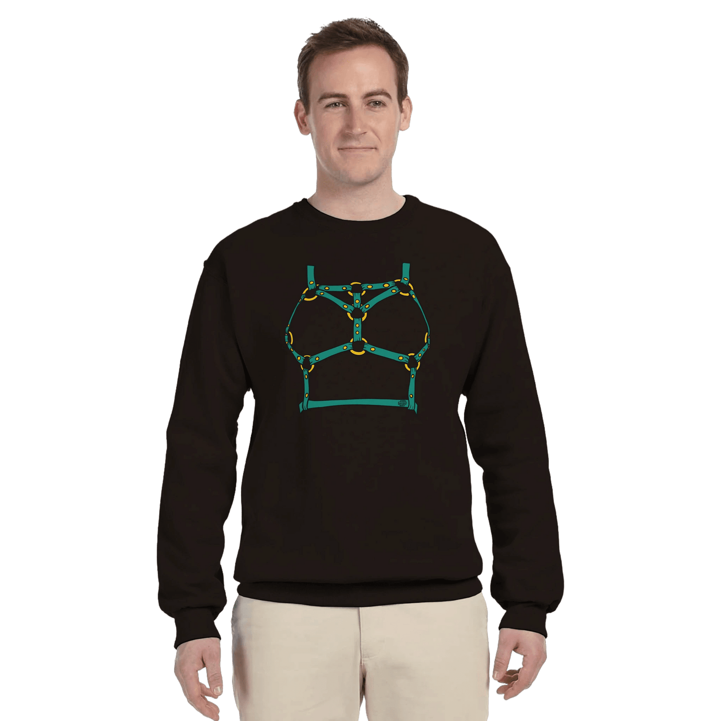 Sultry Teal Harness Straps & Golden Rings – Erotic Bondage Illustration Premium Unisex Crewneck Sweatshirt - Urban Muse & Sultry Hues