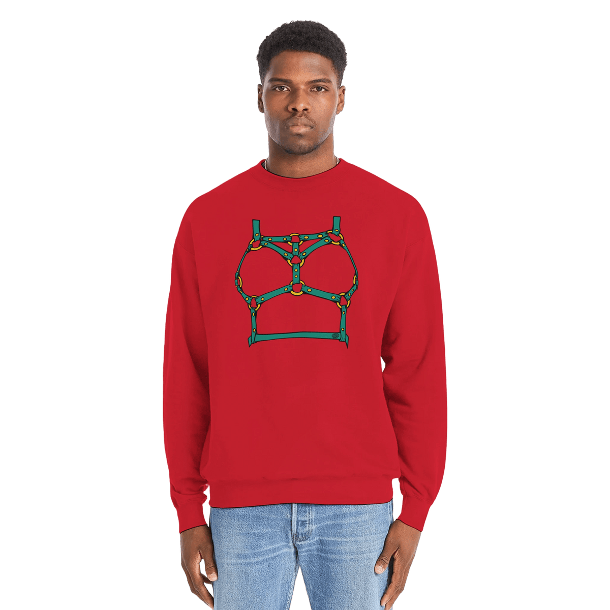 Sultry Teal Harness Straps & Golden Rings – Erotic Bondage Illustration Premium Unisex Crewneck Sweatshirt - Urban Muse & Sultry Hues