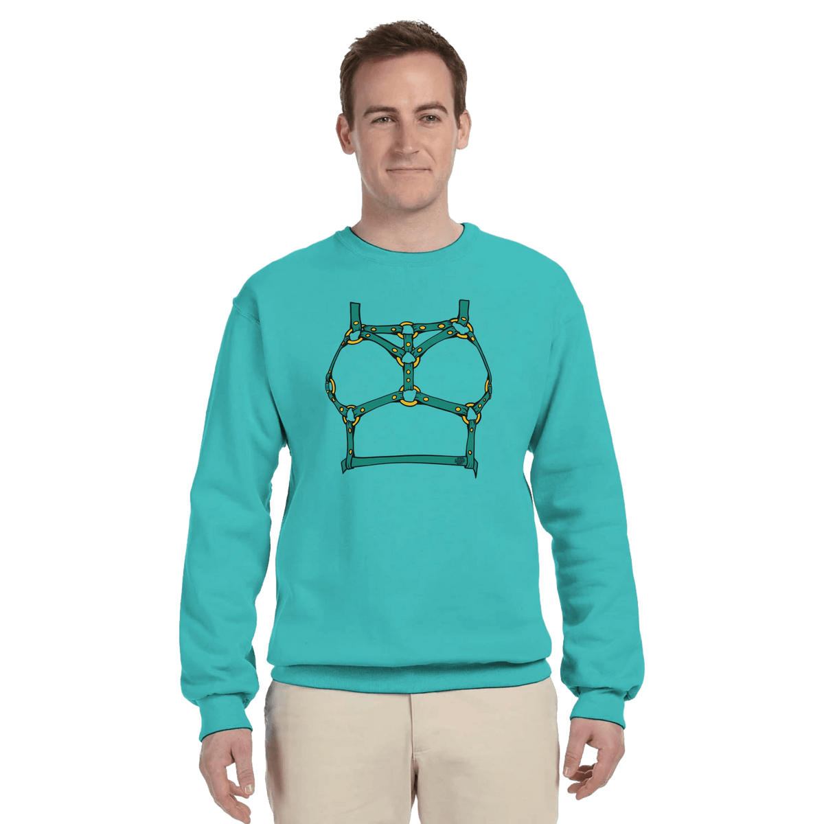 Sultry Teal Harness Straps & Golden Rings – Erotic Bondage Illustration Premium Unisex Crewneck Sweatshirt - Urban Muse & Sultry Hues