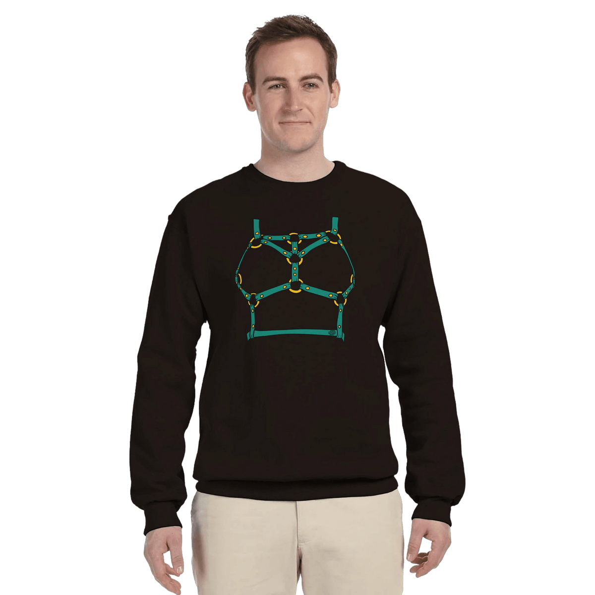 Sultry Teal Harness Straps & Golden Rings – Erotic Bondage Illustration Premium Unisex Crewneck Sweatshirt - Urban Muse & Sultry Hues