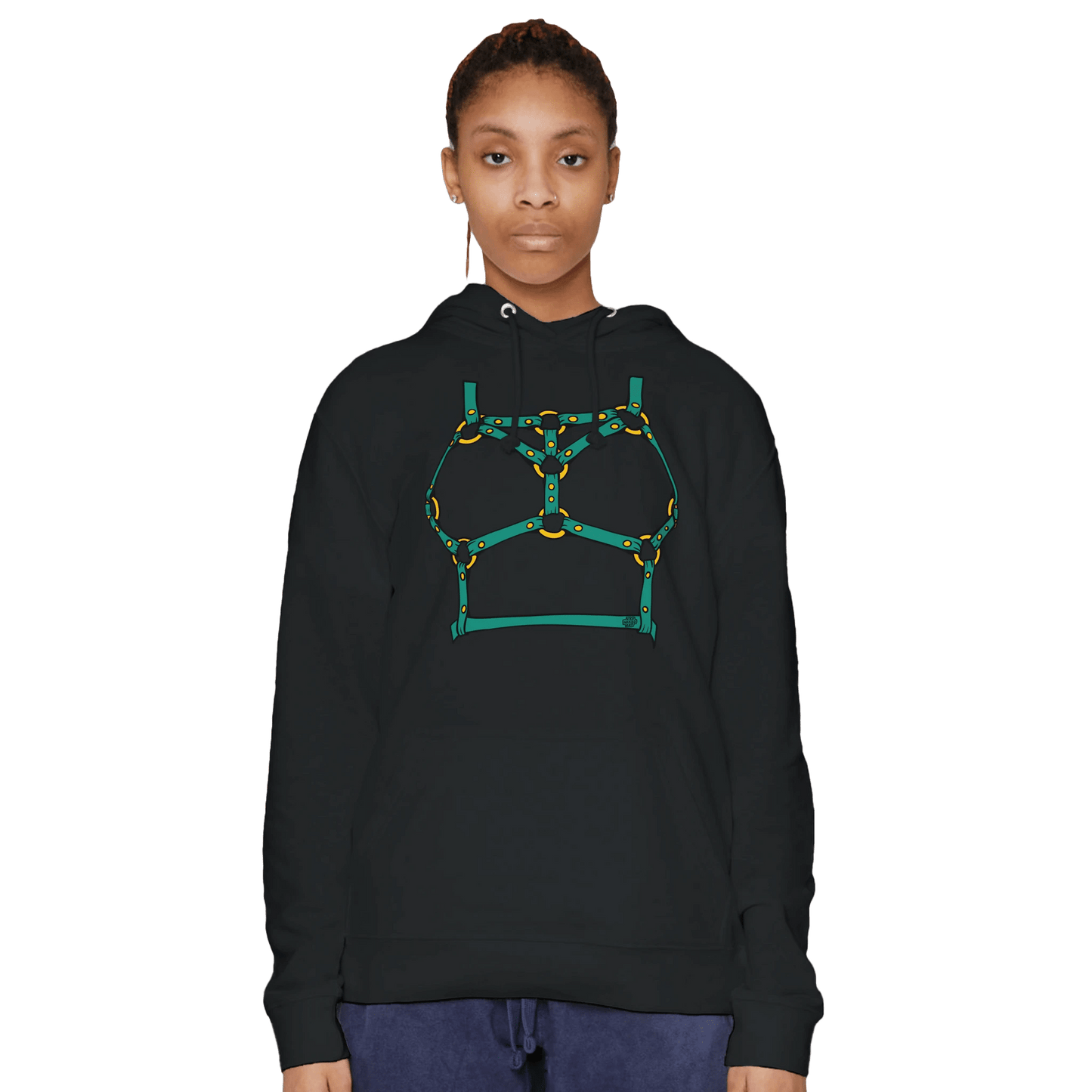 Sultry Teal Harness Straps & Golden Rings – Erotic Bondage Illustration Premium Unisex Pullover Hoodie - Urban Muse & Sultry Hues