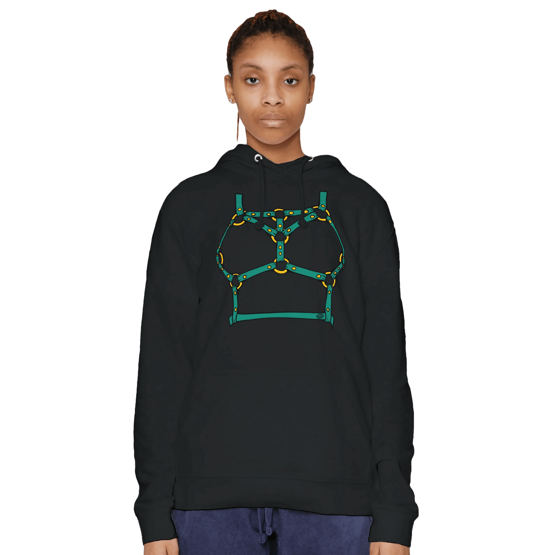 Sultry Teal Harness Straps & Golden Rings – Erotic Bondage Illustration Premium Unisex Pullover Hoodie - Urban Muse & Sultry Hues