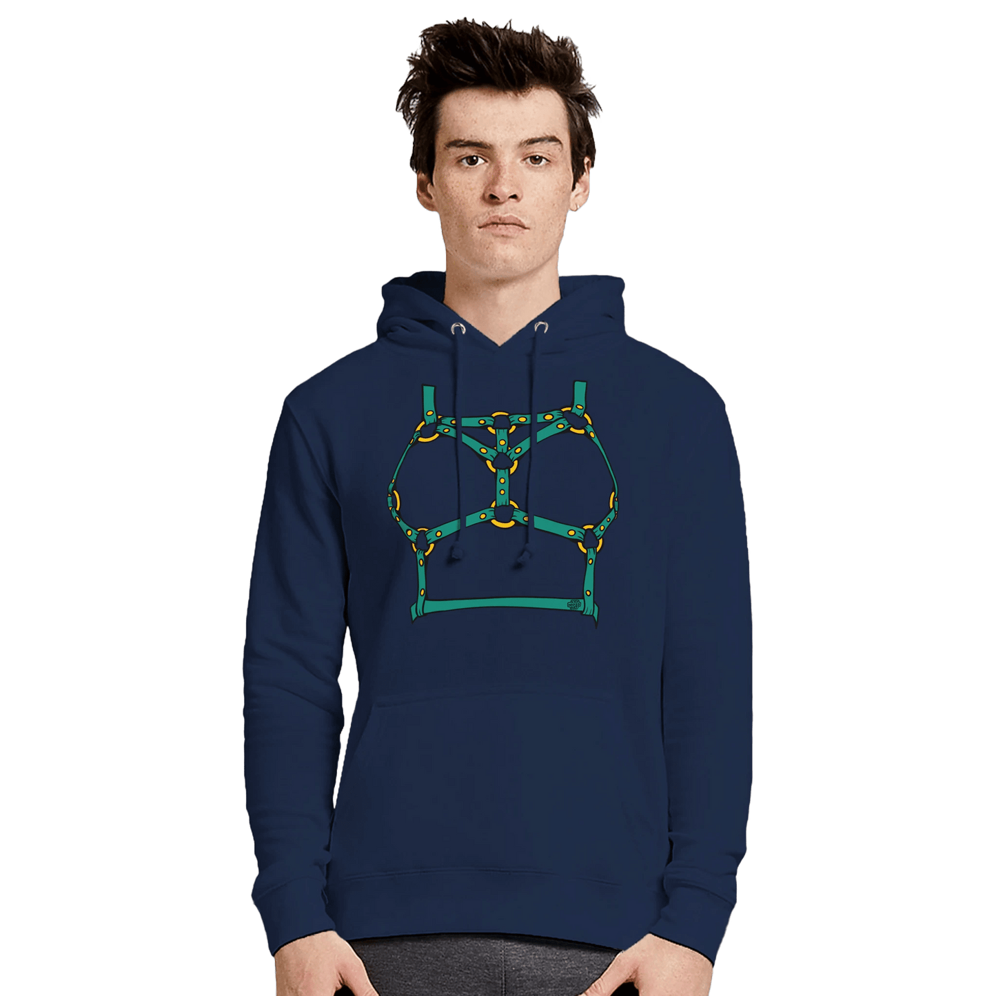 Sultry Teal Harness Straps & Golden Rings – Erotic Bondage Illustration Premium Unisex Pullover Hoodie - Urban Muse & Sultry Hues