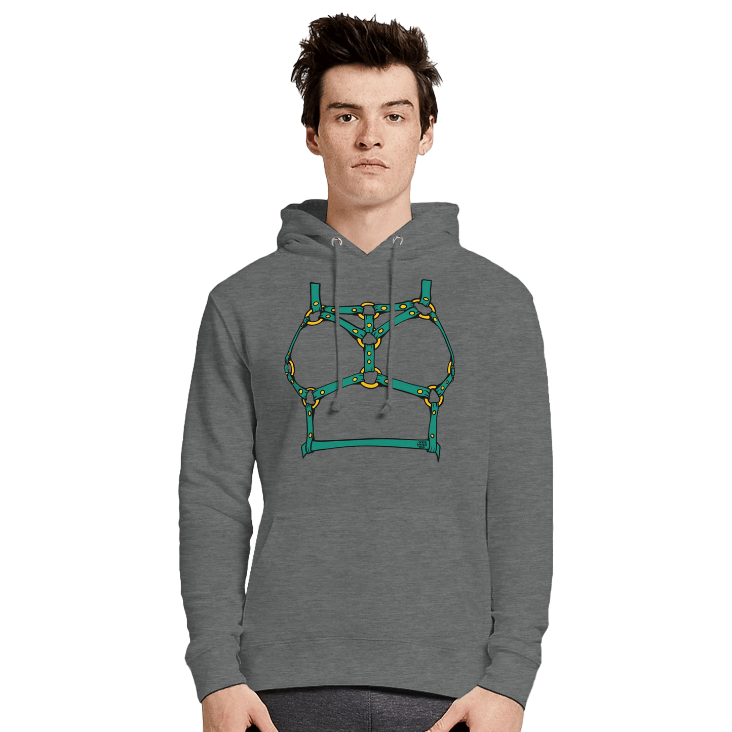 Sultry Teal Harness Straps & Golden Rings – Erotic Bondage Illustration Premium Unisex Pullover Hoodie - Urban Muse & Sultry Hues