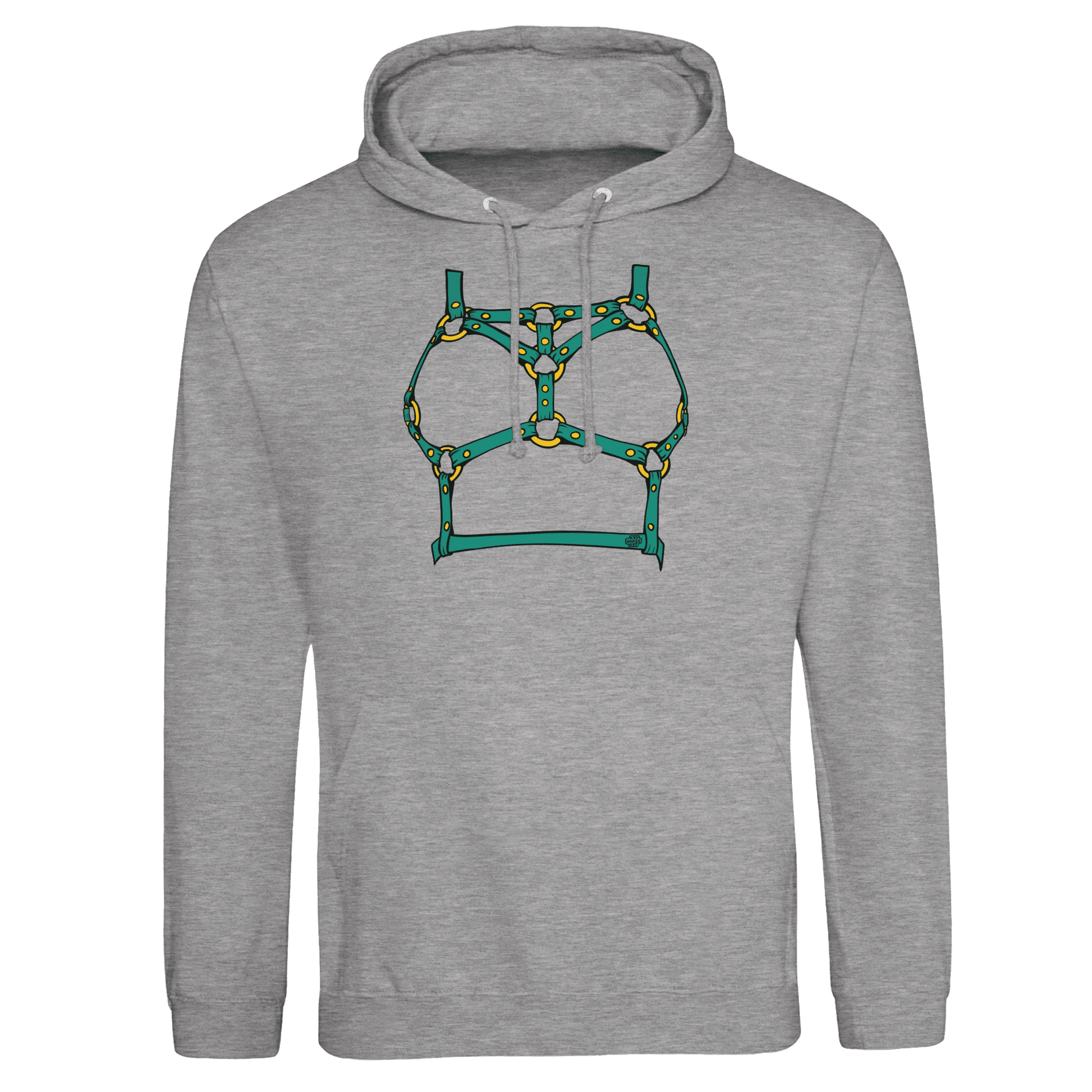 Sultry Teal Harness Straps & Golden Rings – Erotic Bondage Illustration Premium Unisex Pullover Hoodie - Urban Muse & Sultry Hues