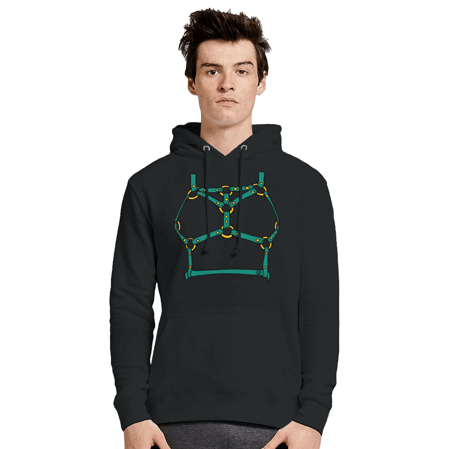 Sultry Teal Harness Straps & Golden Rings – Erotic Bondage Illustration Premium Unisex Pullover Hoodie - Urban Muse & Sultry Hues