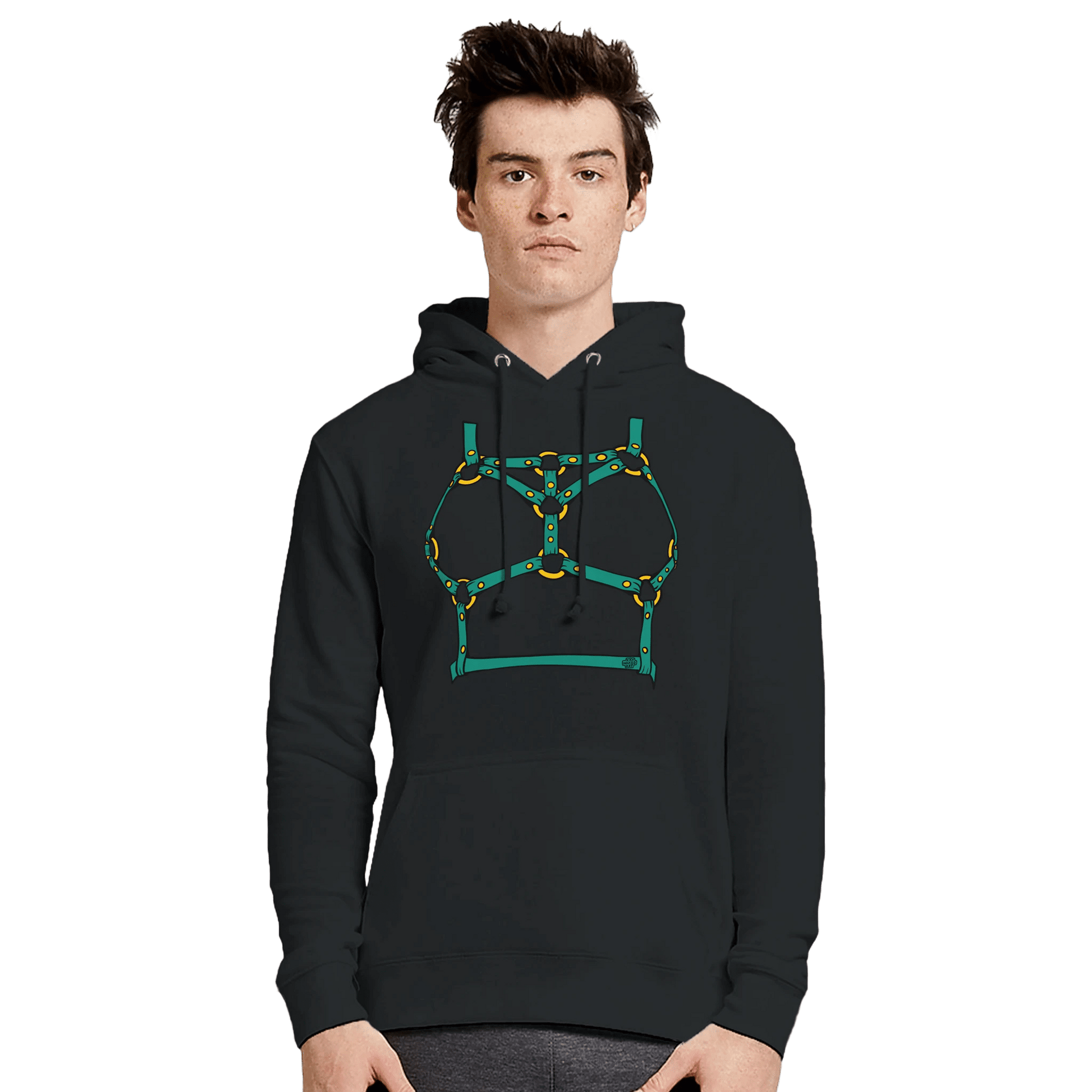Sultry Teal Harness Straps & Golden Rings – Erotic Bondage Illustration Premium Unisex Pullover Hoodie - Urban Muse & Sultry Hues