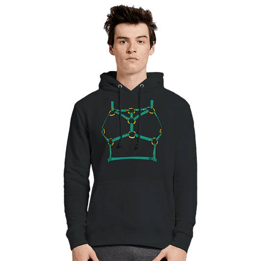 Sultry Teal Harness Straps & Golden Rings – Erotic Bondage Illustration Premium Unisex Pullover Hoodie - Urban Muse & Sultry Hues