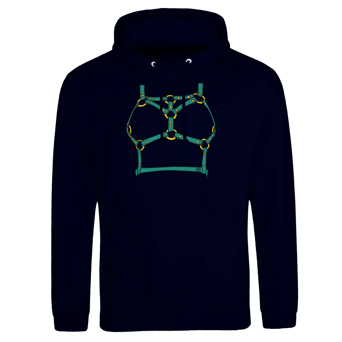 Sultry Teal Harness Straps & Golden Rings – Erotic Bondage Illustration Premium Unisex Pullover Hoodie - Urban Muse & Sultry Hues