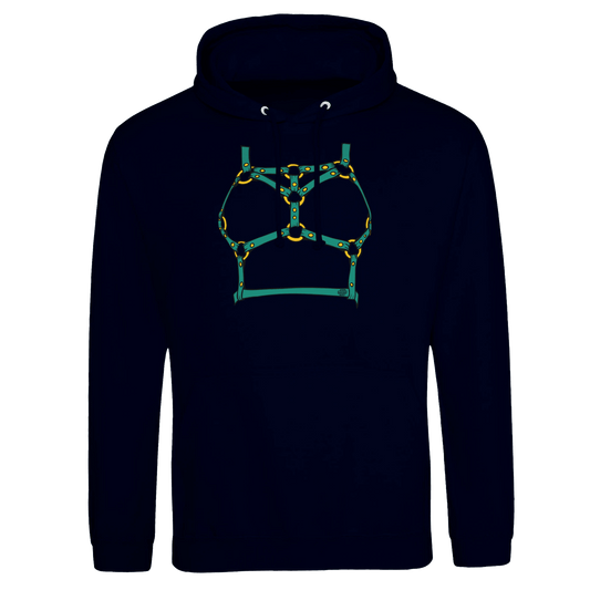 Sultry Teal Harness Straps & Golden Rings – Erotic Bondage Illustration Premium Unisex Pullover Hoodie - Urban Muse & Sultry Hues