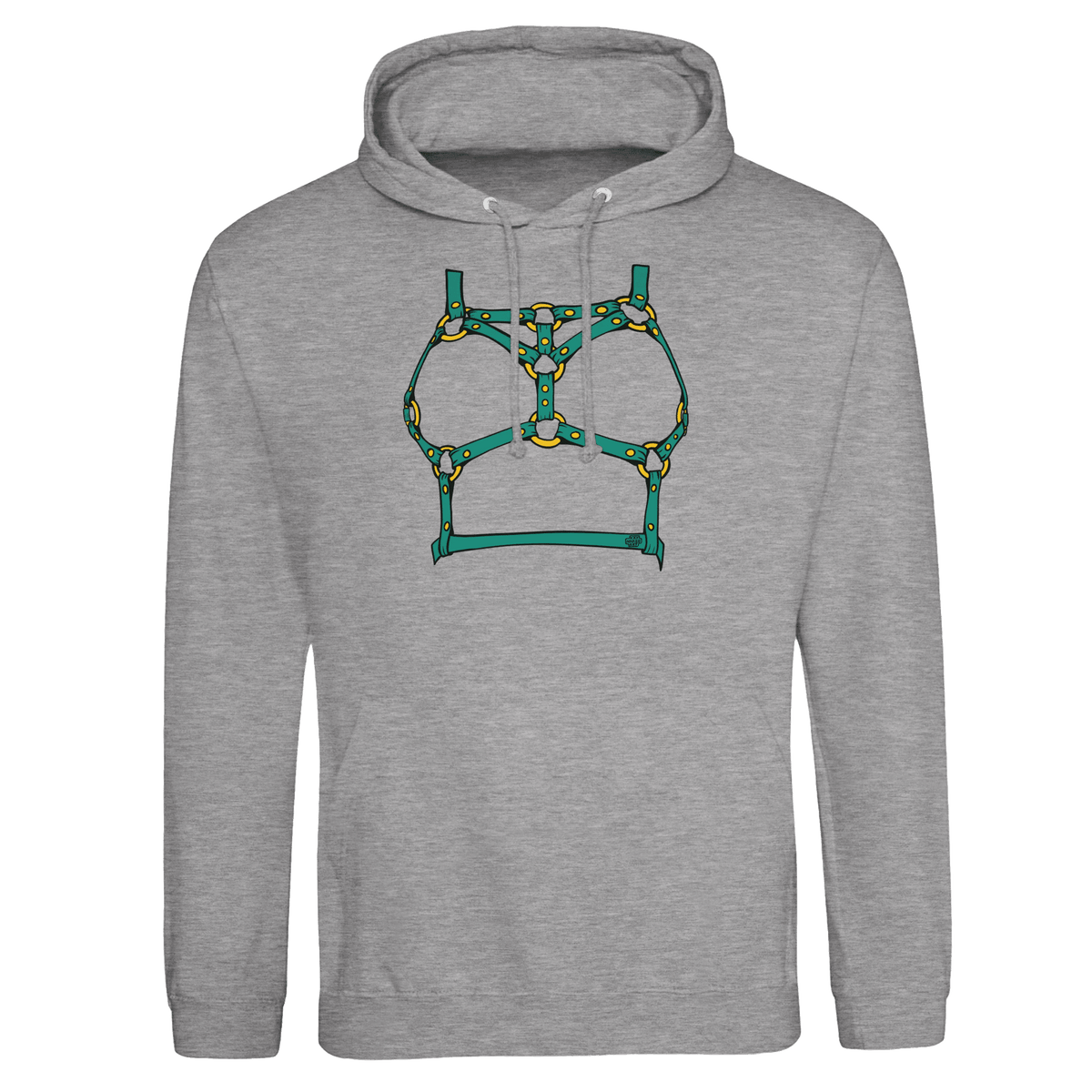 Sultry Teal Harness Straps & Golden Rings – Erotic Bondage Illustration Premium Unisex Pullover Hoodie - Urban Muse & Sultry Hues