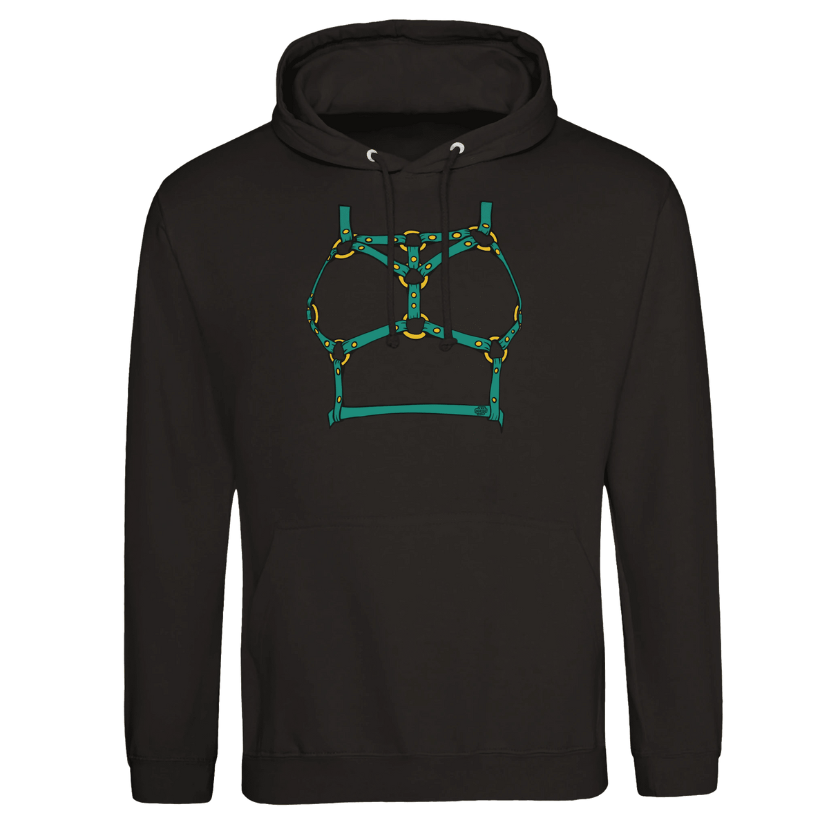 Sultry Teal Harness Straps & Golden Rings – Erotic Bondage Illustration Premium Unisex Pullover Hoodie - Urban Muse & Sultry Hues