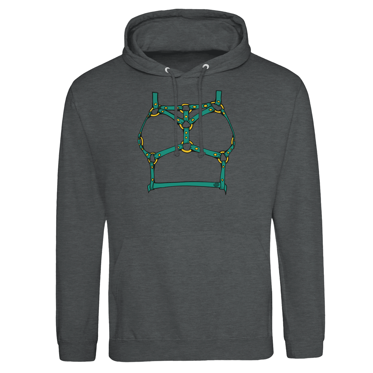 Sultry Teal Harness Straps & Golden Rings – Erotic Bondage Illustration Premium Unisex Pullover Hoodie - Urban Muse & Sultry Hues