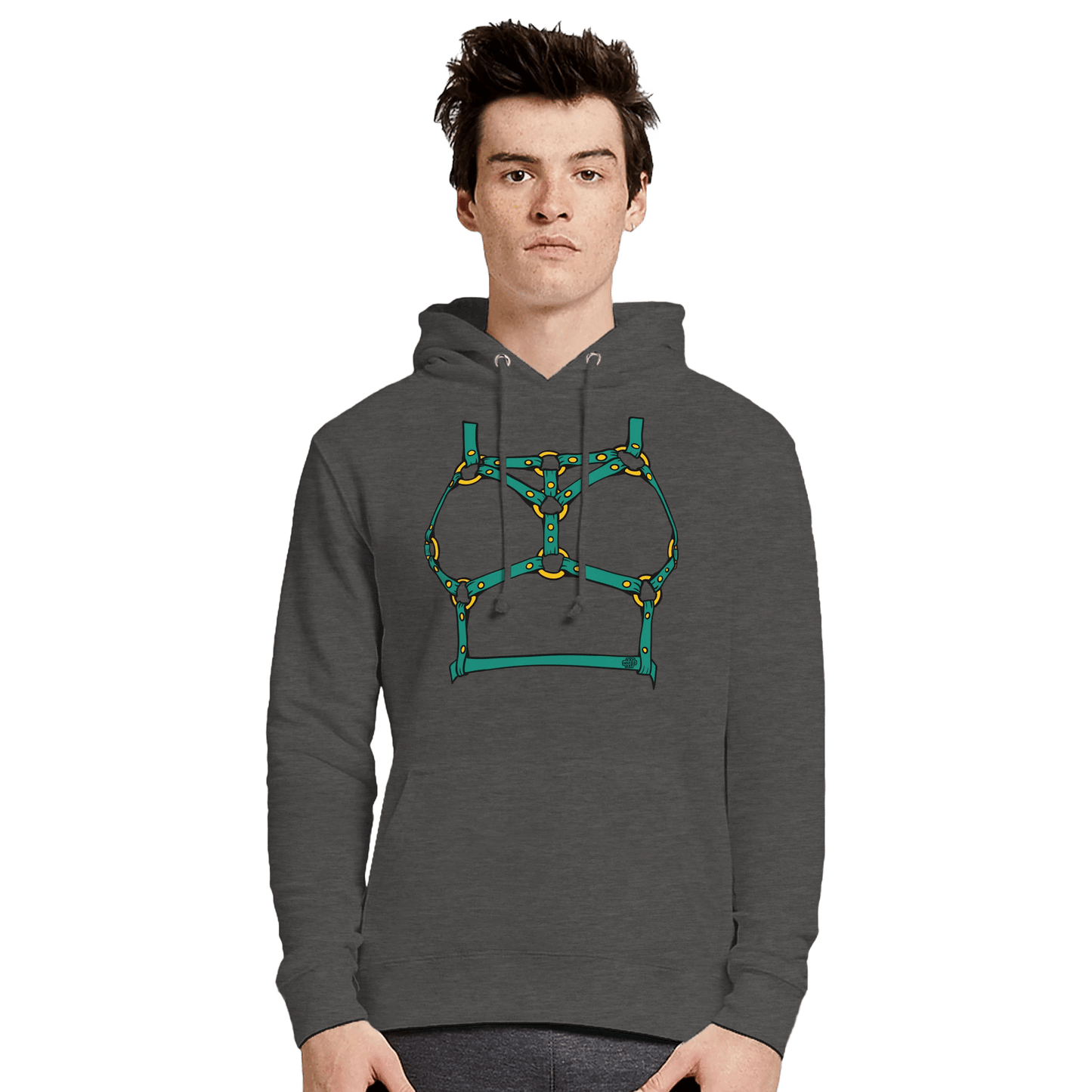 Sultry Teal Harness Straps & Golden Rings – Erotic Bondage Illustration Premium Unisex Pullover Hoodie - Urban Muse & Sultry Hues