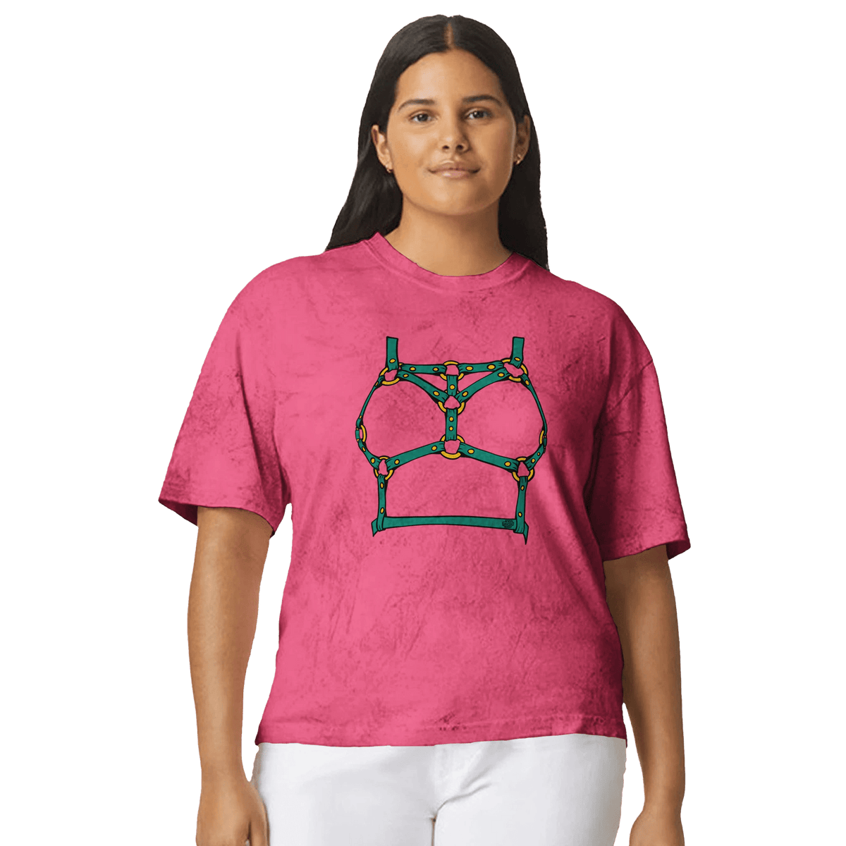 Sultry Teal Harness Straps & Golden Rings – Erotic Bondage Illustration Unisex Heavyweight Tie-Dye Crewneck T-Shirt - Urban Muse & Sultry Hues