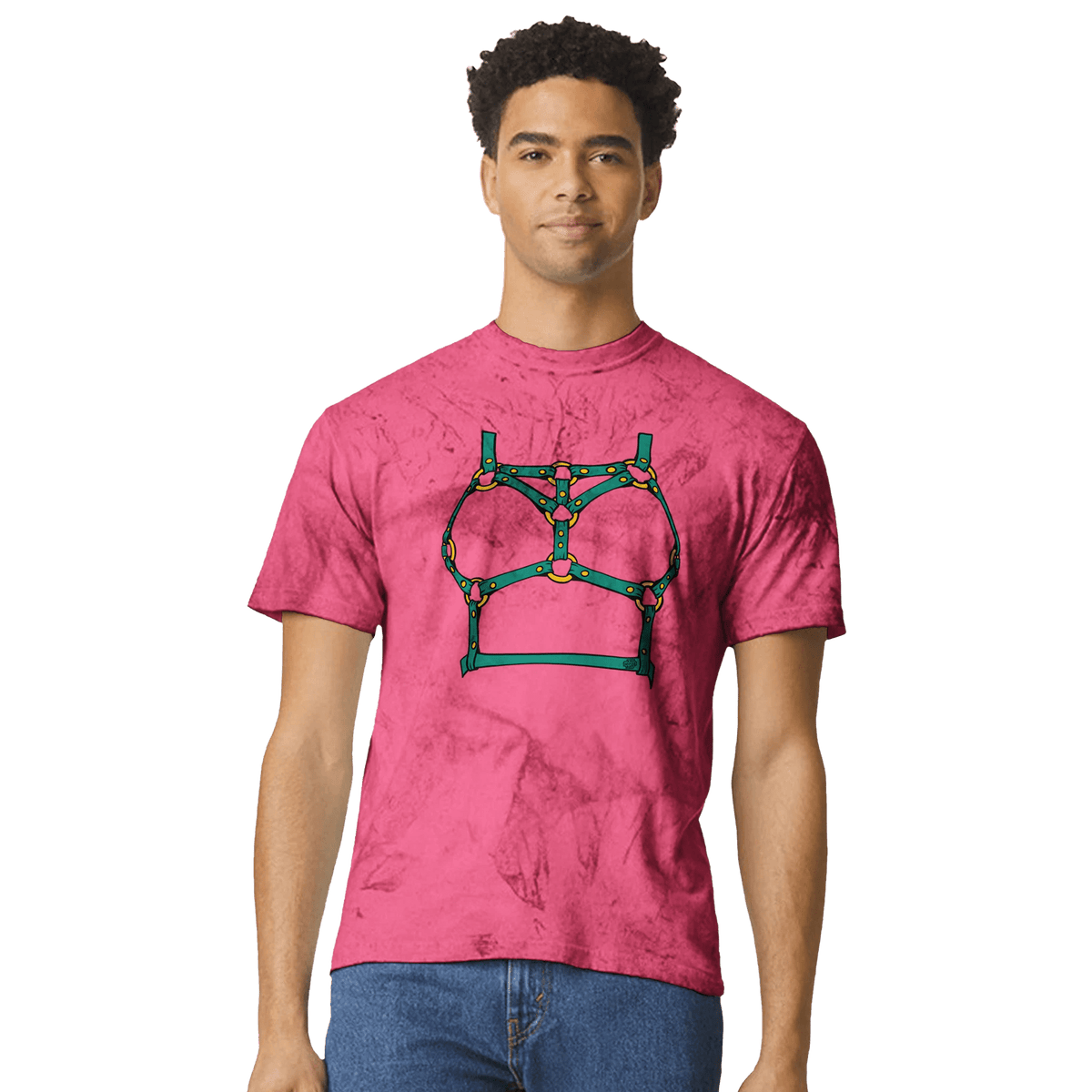 Sultry Teal Harness Straps & Golden Rings – Erotic Bondage Illustration Unisex Heavyweight Tie-Dye Crewneck T-Shirt - Urban Muse & Sultry Hues