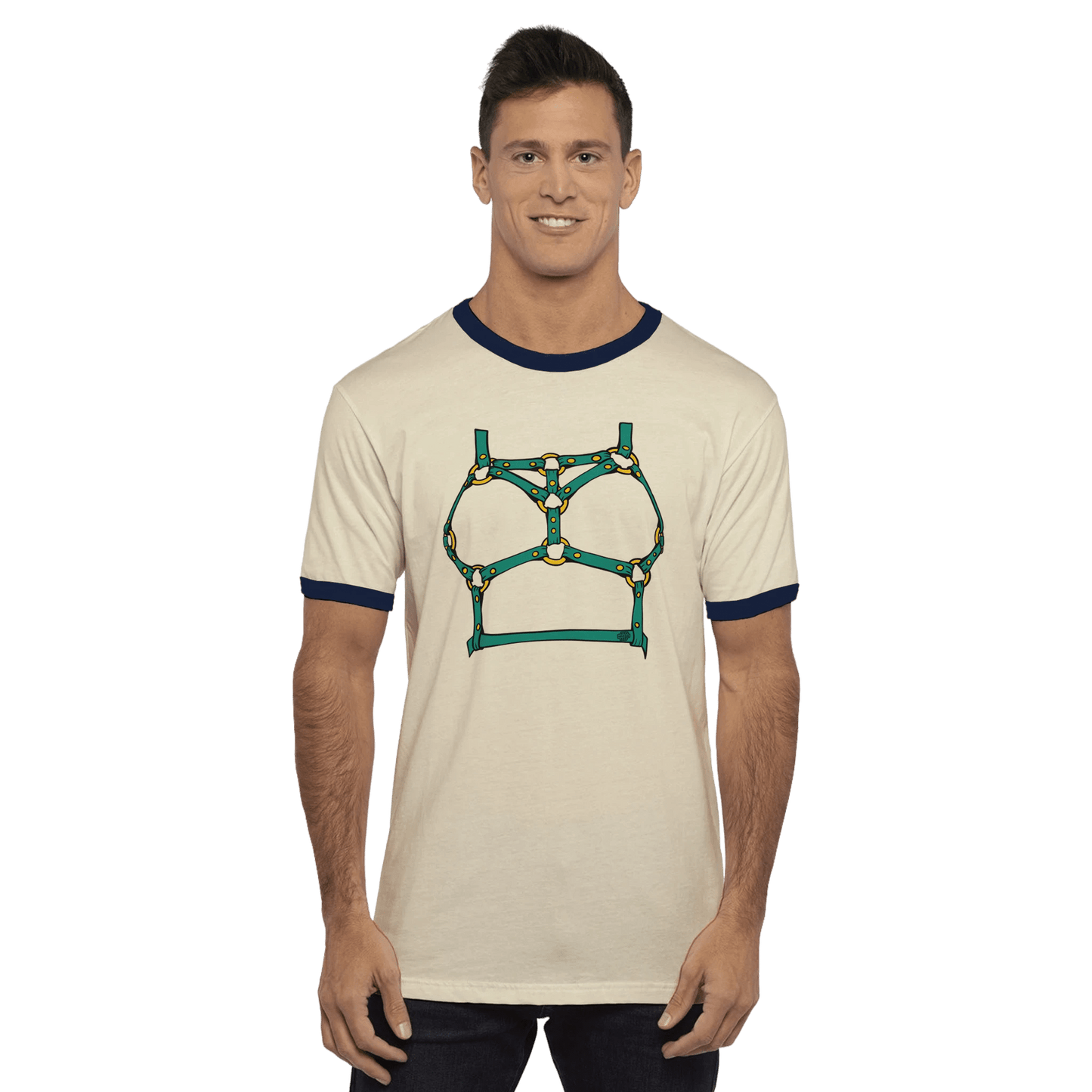 Sultry Teal Harness Straps & Golden Rings – Erotic Bondage Illustration Unisex Ringer T-Shirt - Urban Muse & Sultry Hues