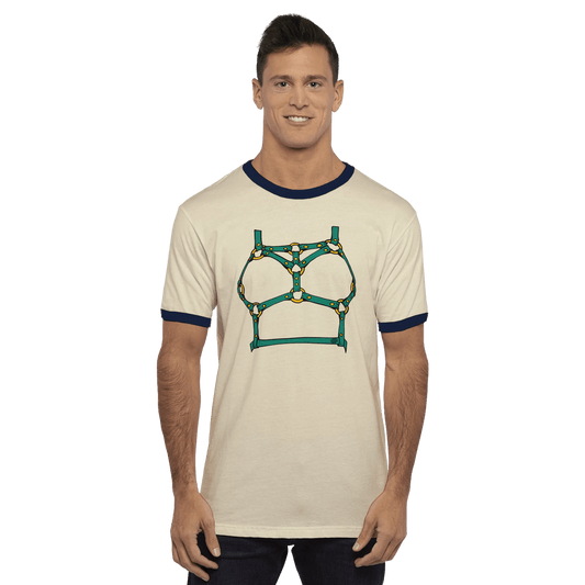 Sultry Teal Harness Straps & Golden Rings – Erotic Bondage Illustration Unisex Ringer T-Shirt - Urban Muse & Sultry Hues
