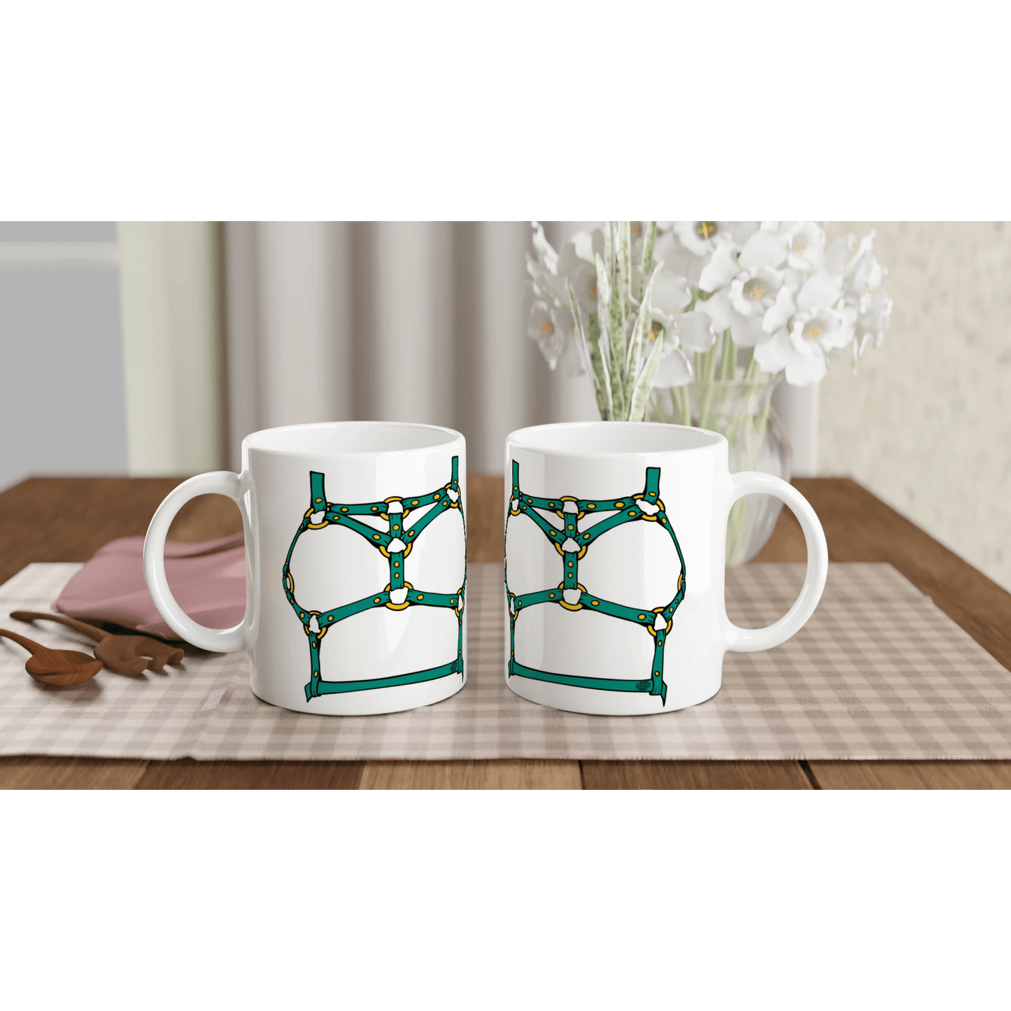 Sultry Teal Harness Straps & Golden Rings – Erotic Bondage Illustration White 11oz Ceramic Mug - Urban Muse & Sultry Hues