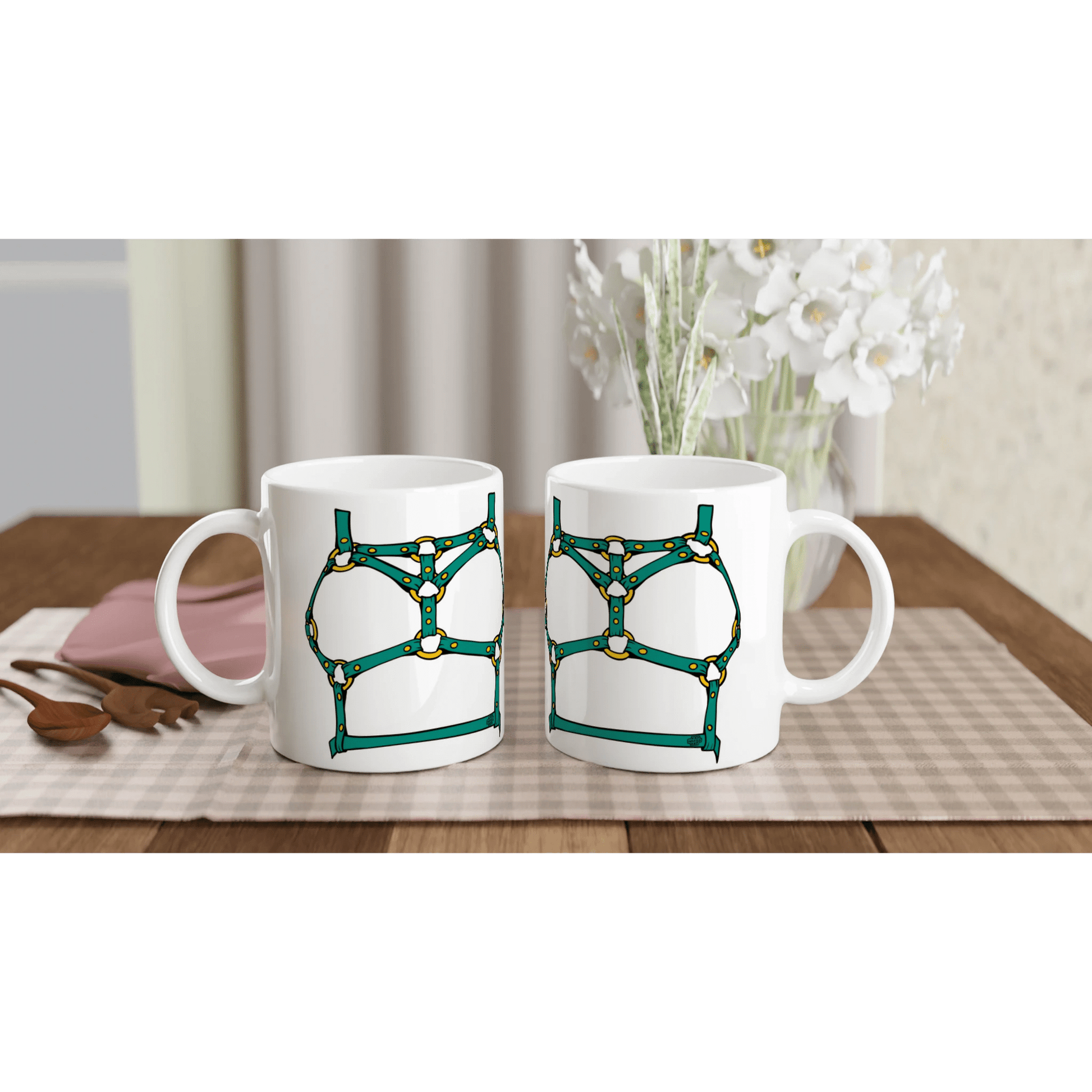 Sultry Teal Harness Straps & Golden Rings – Erotic Bondage Illustration White 11oz Ceramic Mug - Urban Muse & Sultry Hues