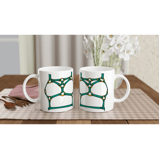 Sultry Teal Harness Straps & Golden Rings – Erotic Bondage Illustration White 11oz Ceramic Mug - Urban Muse & Sultry Hues