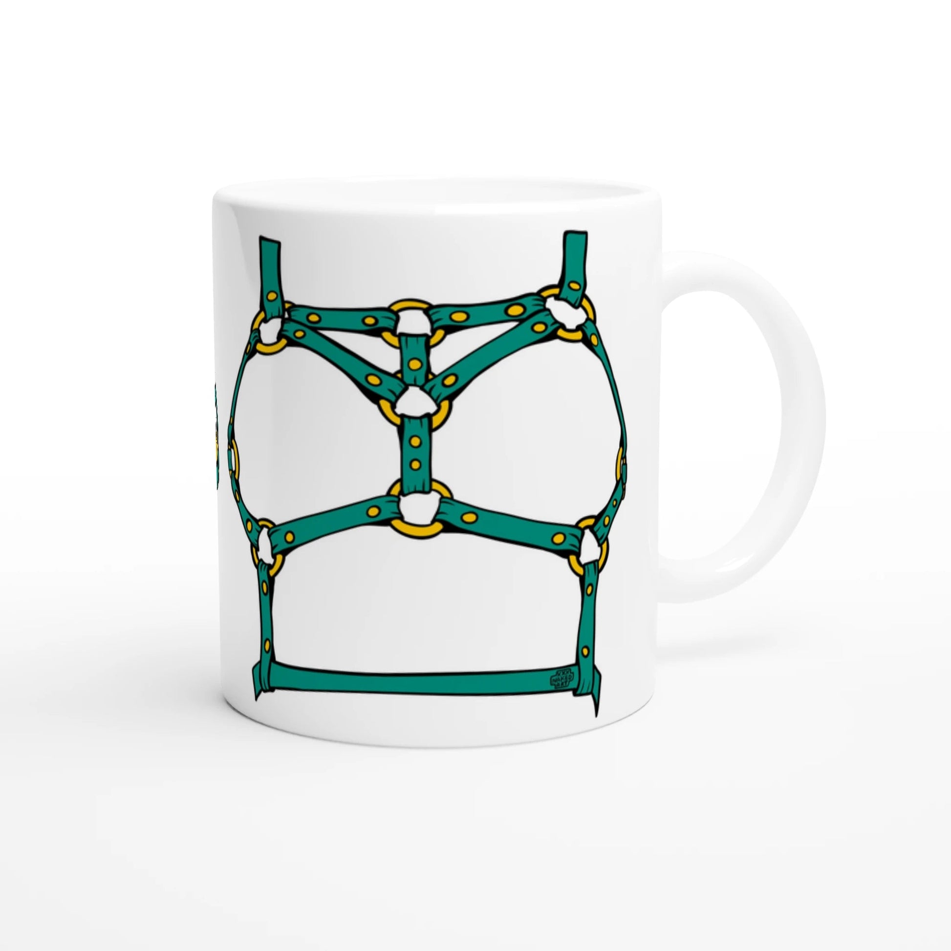 Sultry Teal Harness Straps & Golden Rings – Erotic Bondage Illustration White 11oz Ceramic Mug - Urban Muse & Sultry Hues