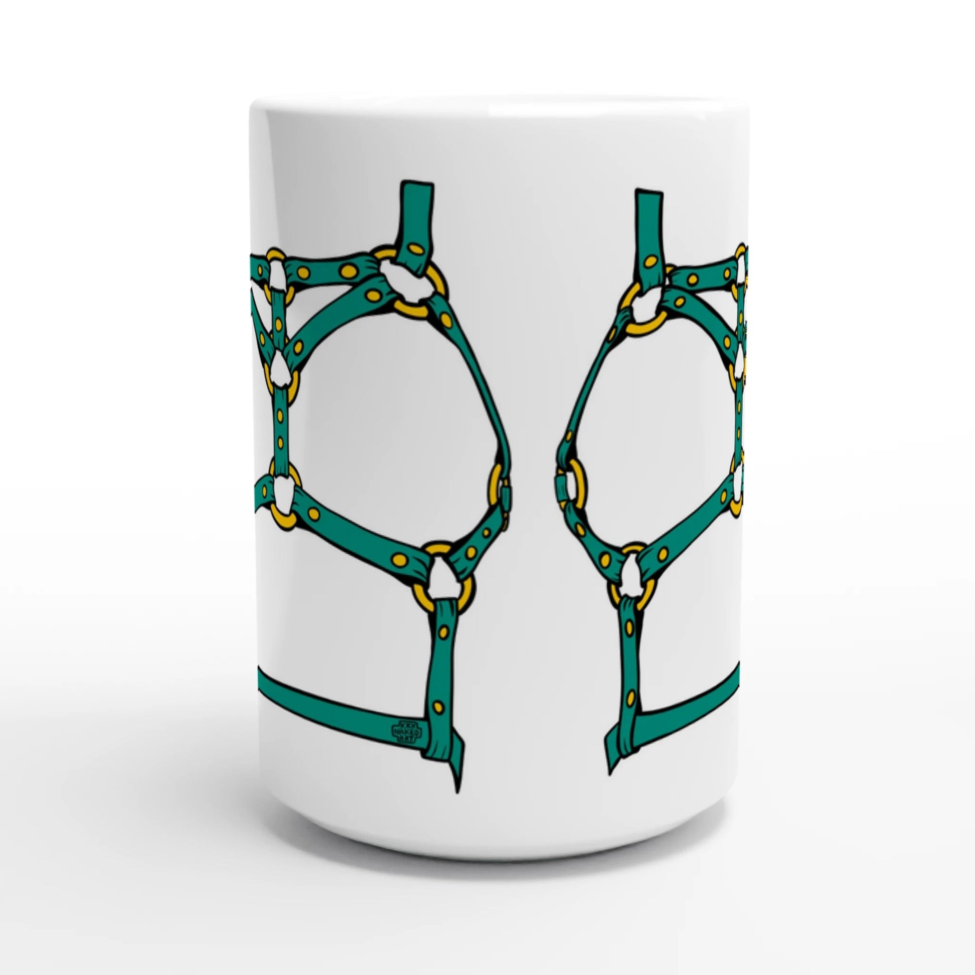 Sultry Teal Harness Straps & Golden Rings – Erotic Bondage Illustration White 15oz Ceramic Mug - Urban Muse & Sultry Hues
