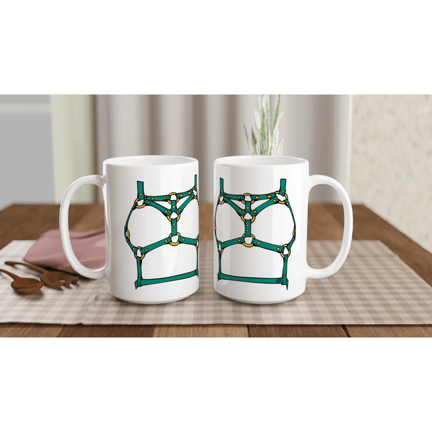 Sultry Teal Harness Straps & Golden Rings – Erotic Bondage Illustration White 15oz Ceramic Mug - Urban Muse & Sultry Hues
