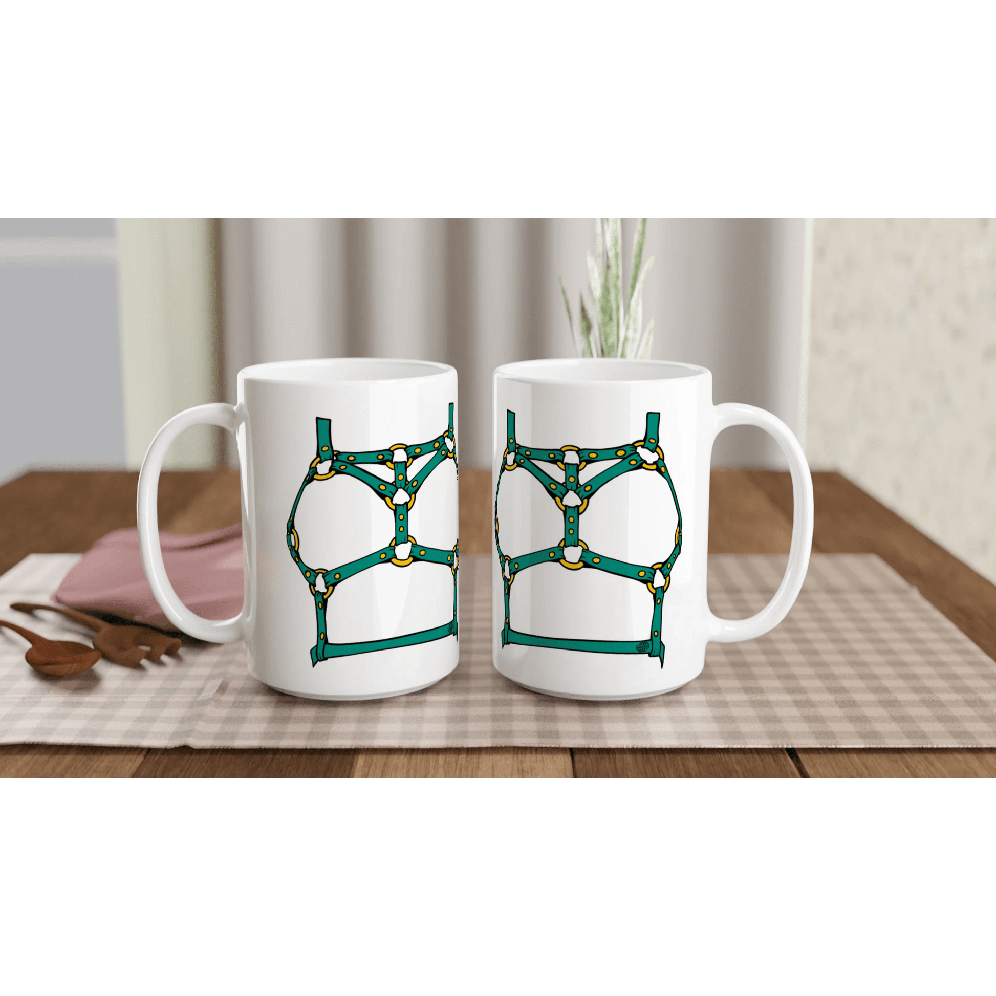 Sultry Teal Harness Straps & Golden Rings – Erotic Bondage Illustration White 15oz Ceramic Mug - Urban Muse & Sultry Hues
