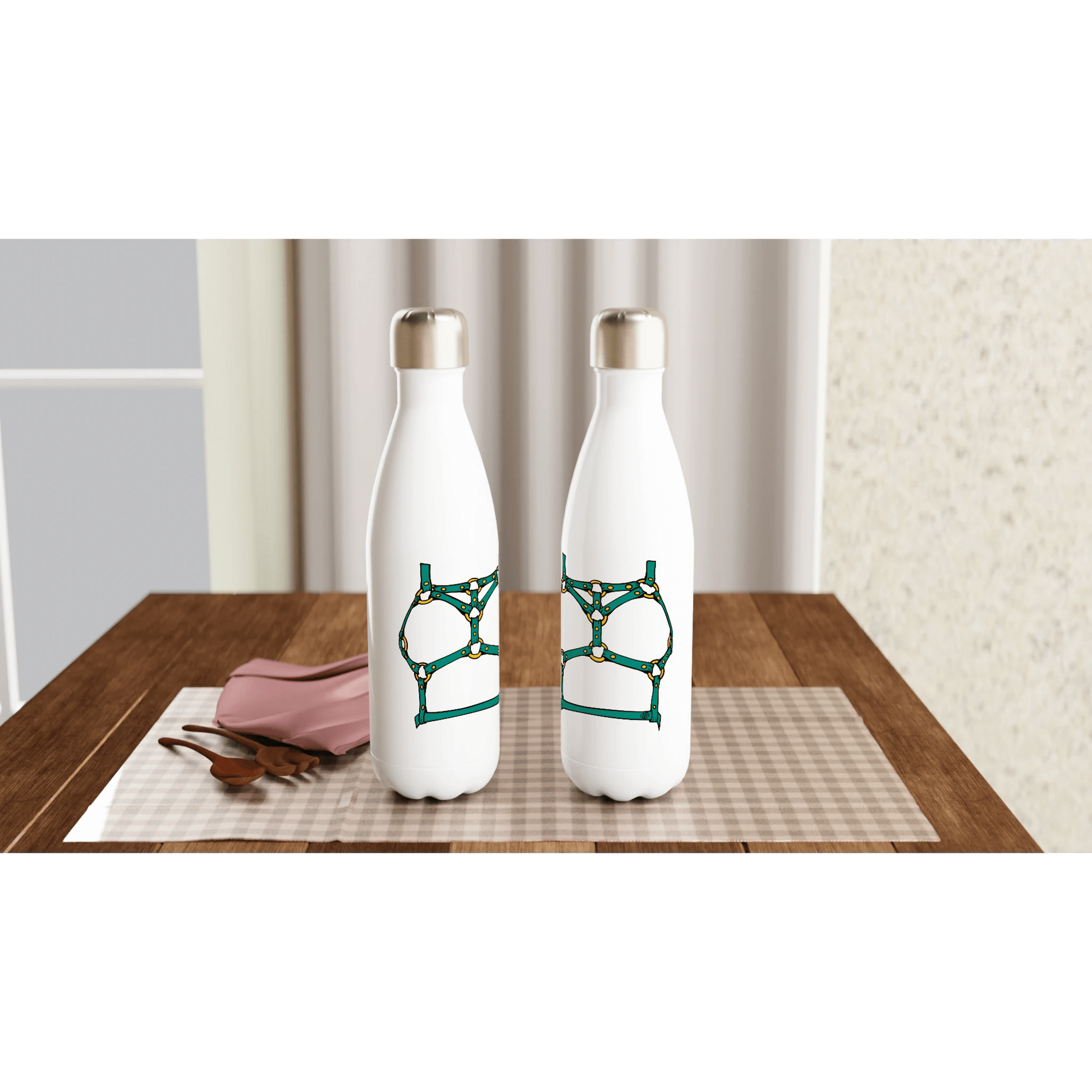 Sultry Teal Harness Straps & Golden Rings – Erotic Bondage Illustration White 17oz Stainless Steel Water Bottle - Urban Muse & Sultry Hues